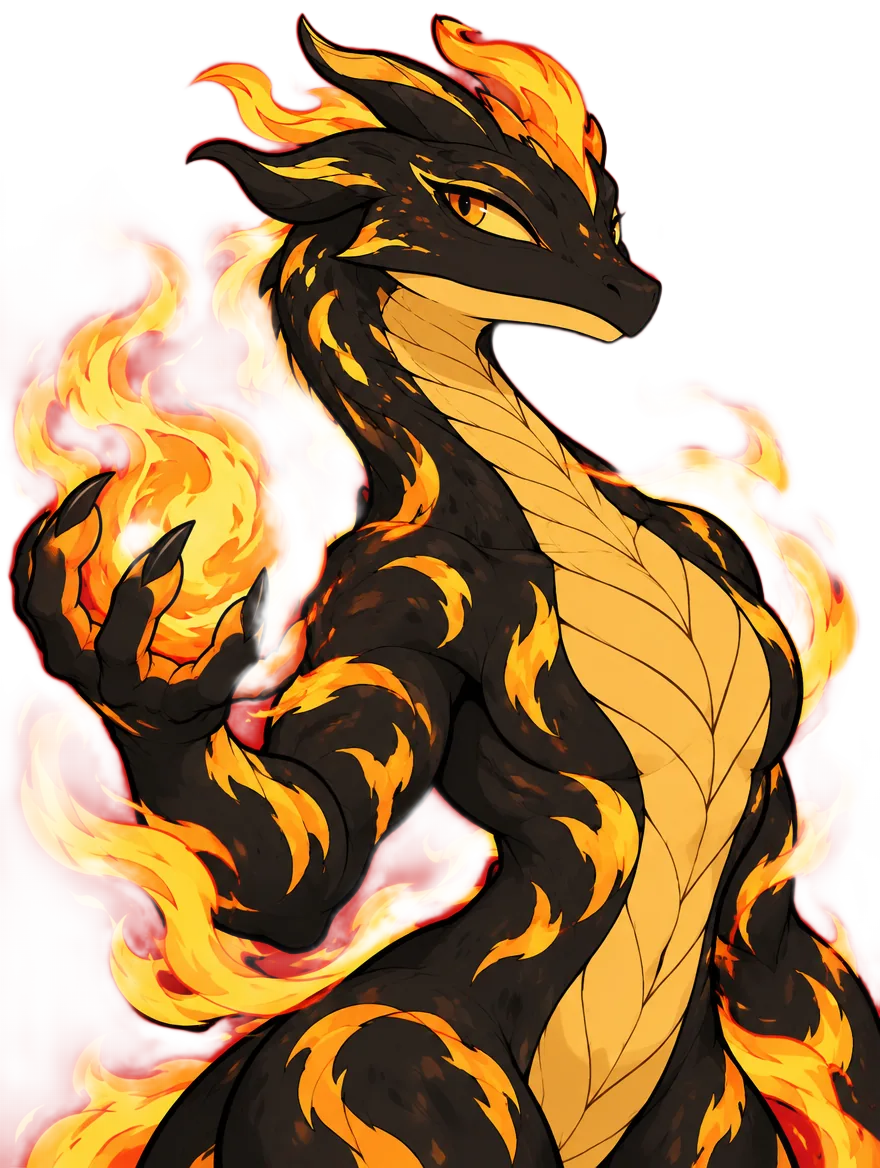 Sala, the black-and-gold fire salamander, holding a fireball